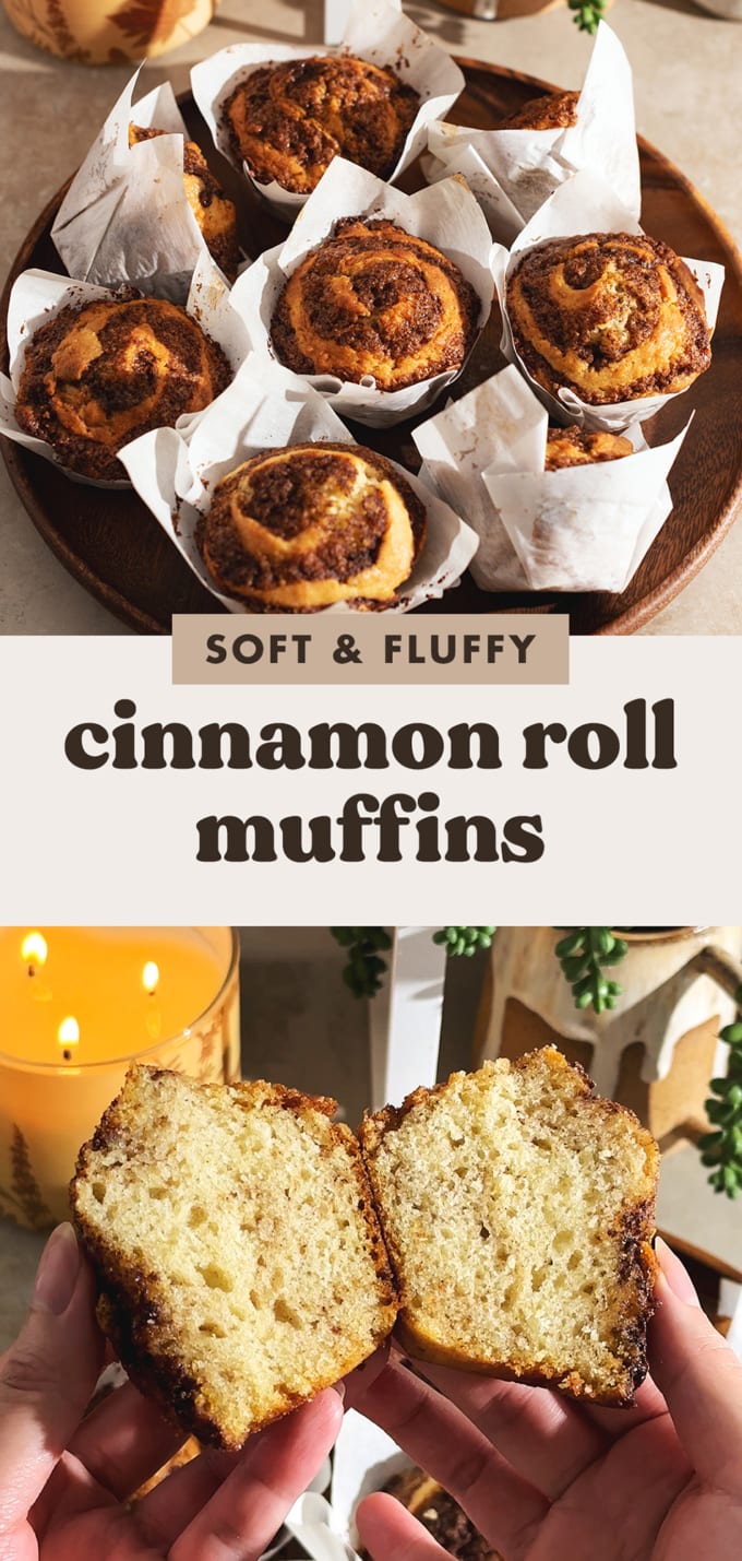Two images of cinnamon roll muffins with text overlay that reads "soft and fluffy cinnamon roll muffin".