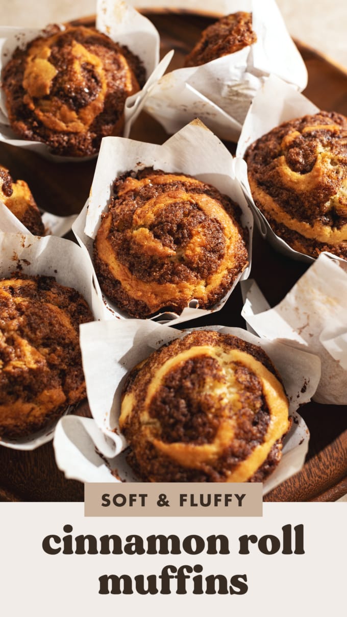 Close-up of the cinnamon swirl on top of cinnamon roll muffins.