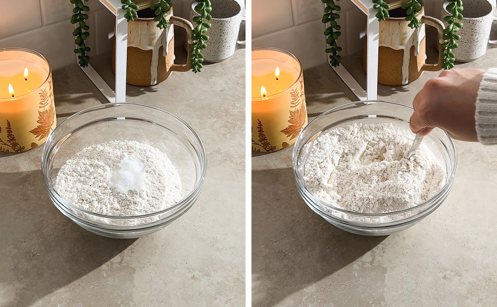 Left to right: dry ingredients in a bowl, stirring dry ingredients with a spoon.