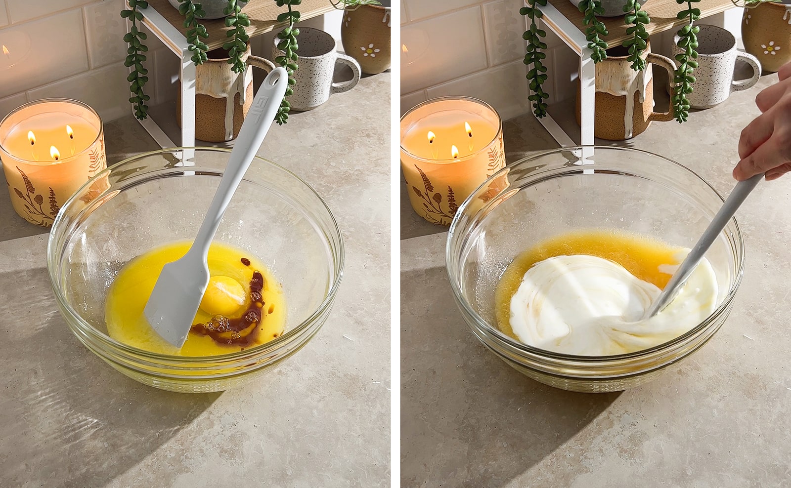 Left to right: wet ingredients in a bowl, mixing buttermilk into wet ingredients with a spatula.