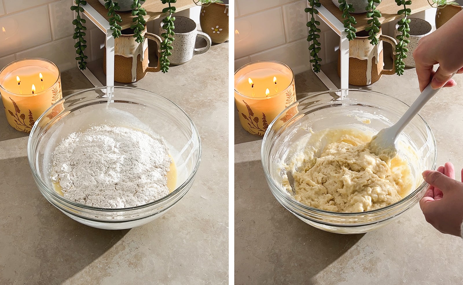 Left to right: flour added to bowl of wet mixture, folding muffin batter together with a spatula.