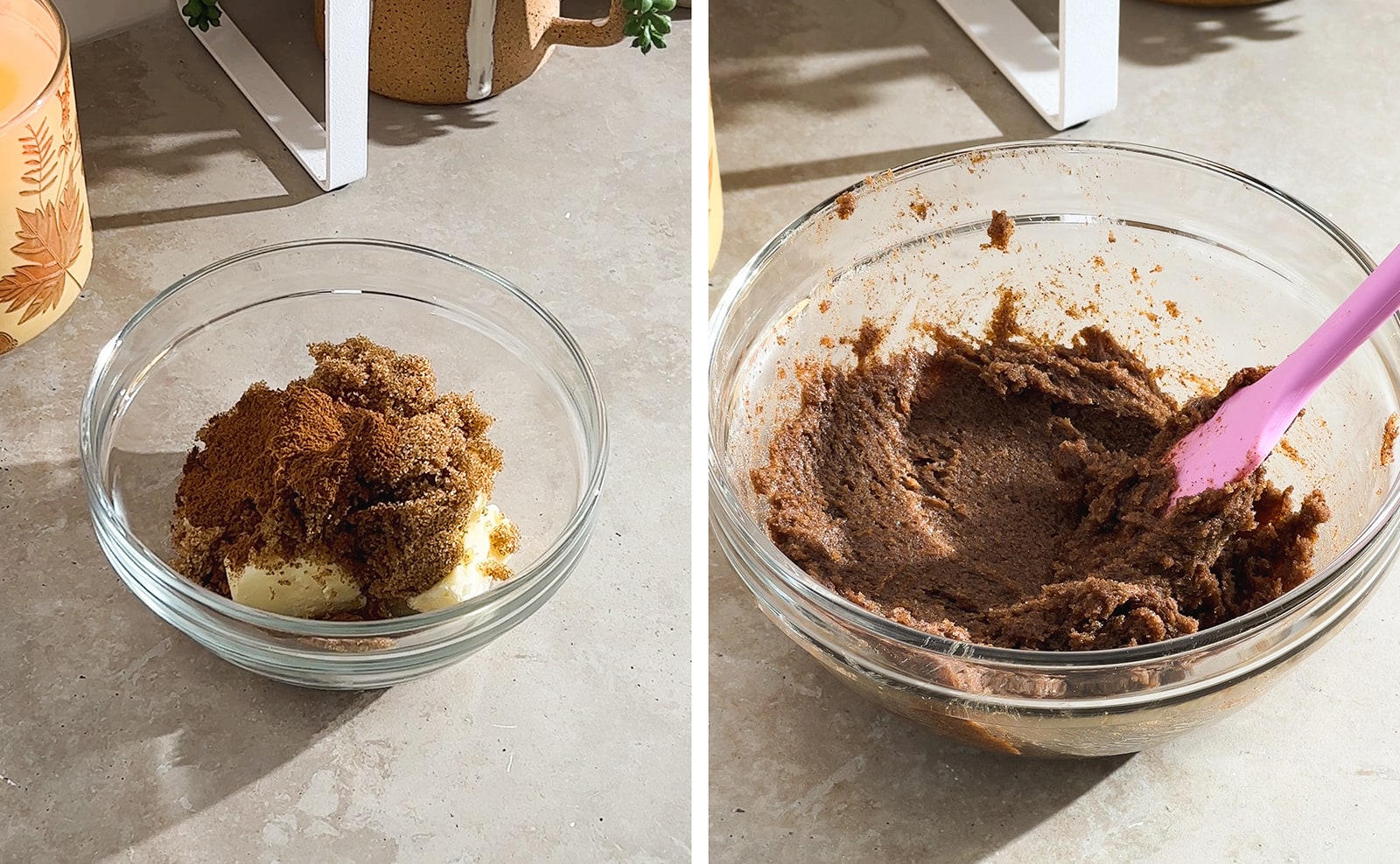 Left to right: butter and cinnamon-brown sugar in a bowl, cinnamon-sugar paste mixed in a bowl.