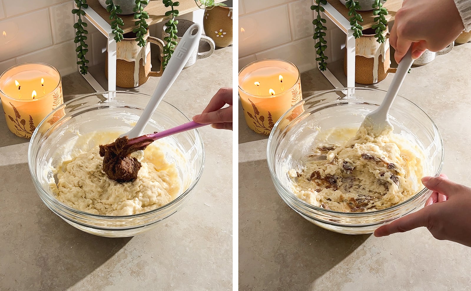 Left to right: adding cinnamon sugar paste to bowl of muffin batter, folding cinnamon roll muffin batter together with a spatula.