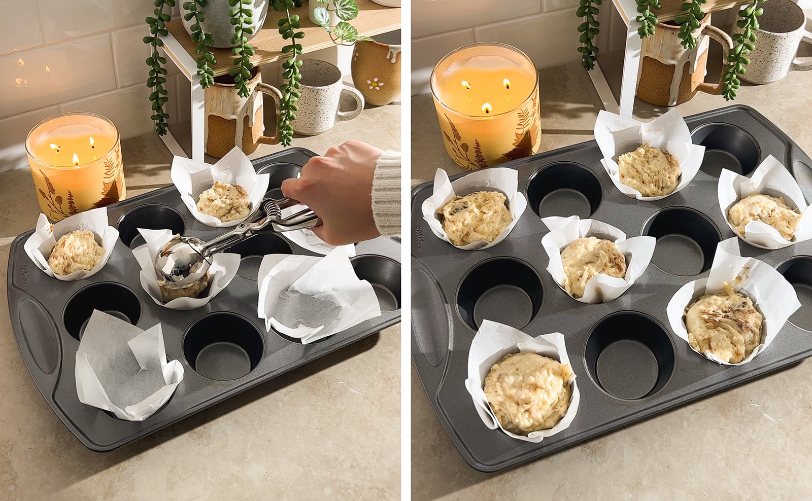 Left to right: releasing a scoop of muffin batter into muffin pan, muffin pan filled with muffin liners and muffin batter.