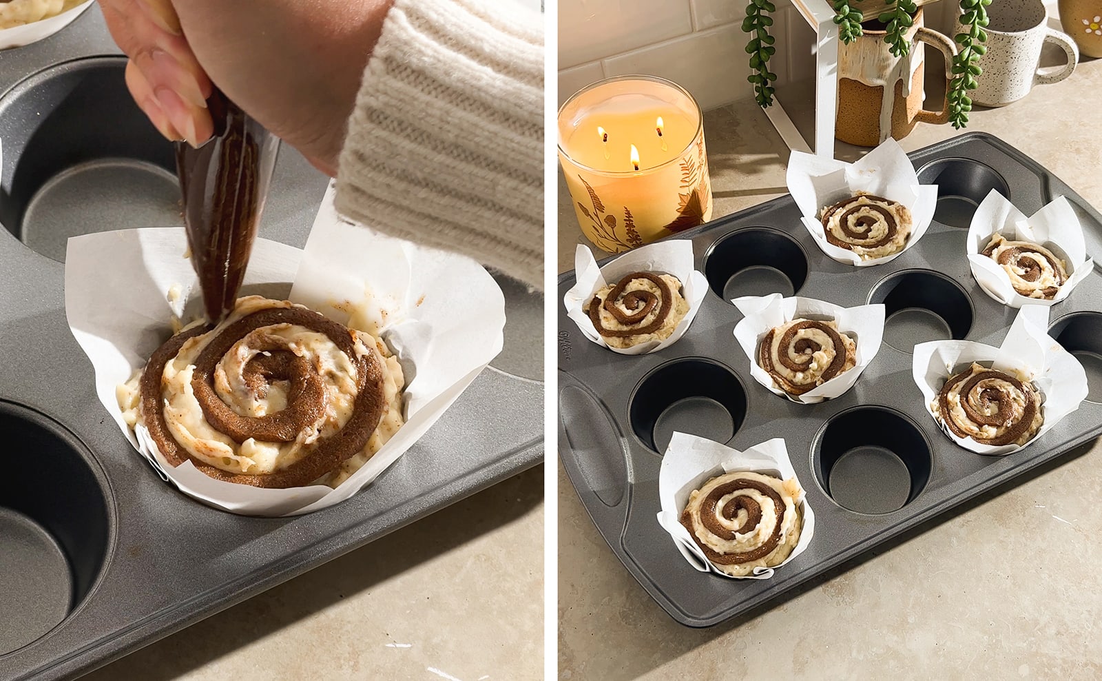 Left to right: piping a cinnamon sugar swirl on top of muffin batter, muffin pan full of cinnamon roll muffins with a swirl of cinnamon sugar on top of each one.