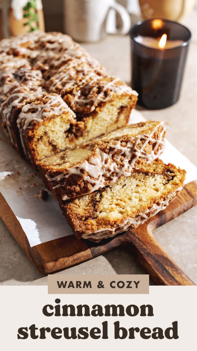 Slices of cinnamon streusel bread cut from the loaf.