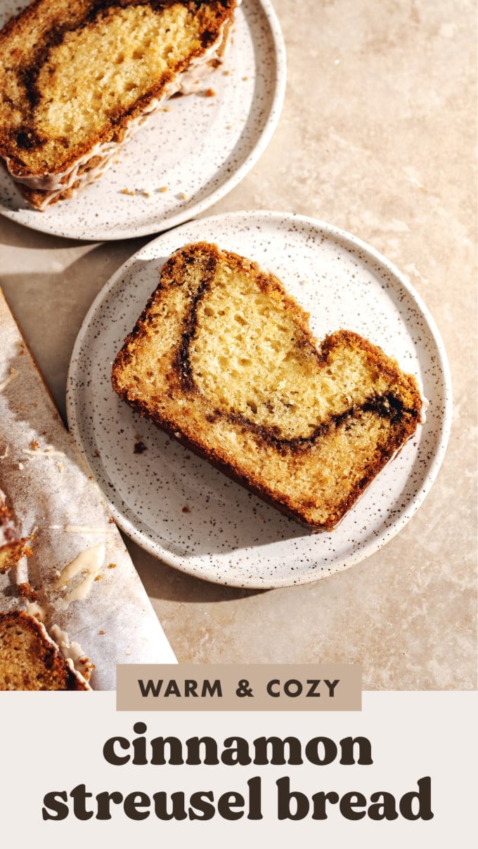 Slices of cinnamon streusel bread on plates.