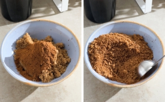 Left to right: cinnamon and brown sugar in a bowl, mixing cinnamon sugar together in a bowl.