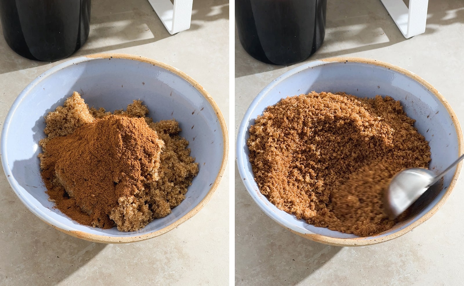 Left to right: cinnamon and brown sugar in a bowl, mixing cinnamon sugar together in a bowl.