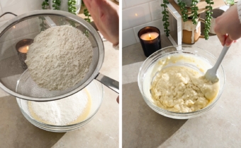 Left to right: sifting flour into cake batter, folding cake batter together with a spatula.
