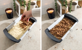 Left to right: hand sprinkling crumbles of streusel topping on top of cake batter, streusel bread batter in a loaf pan.