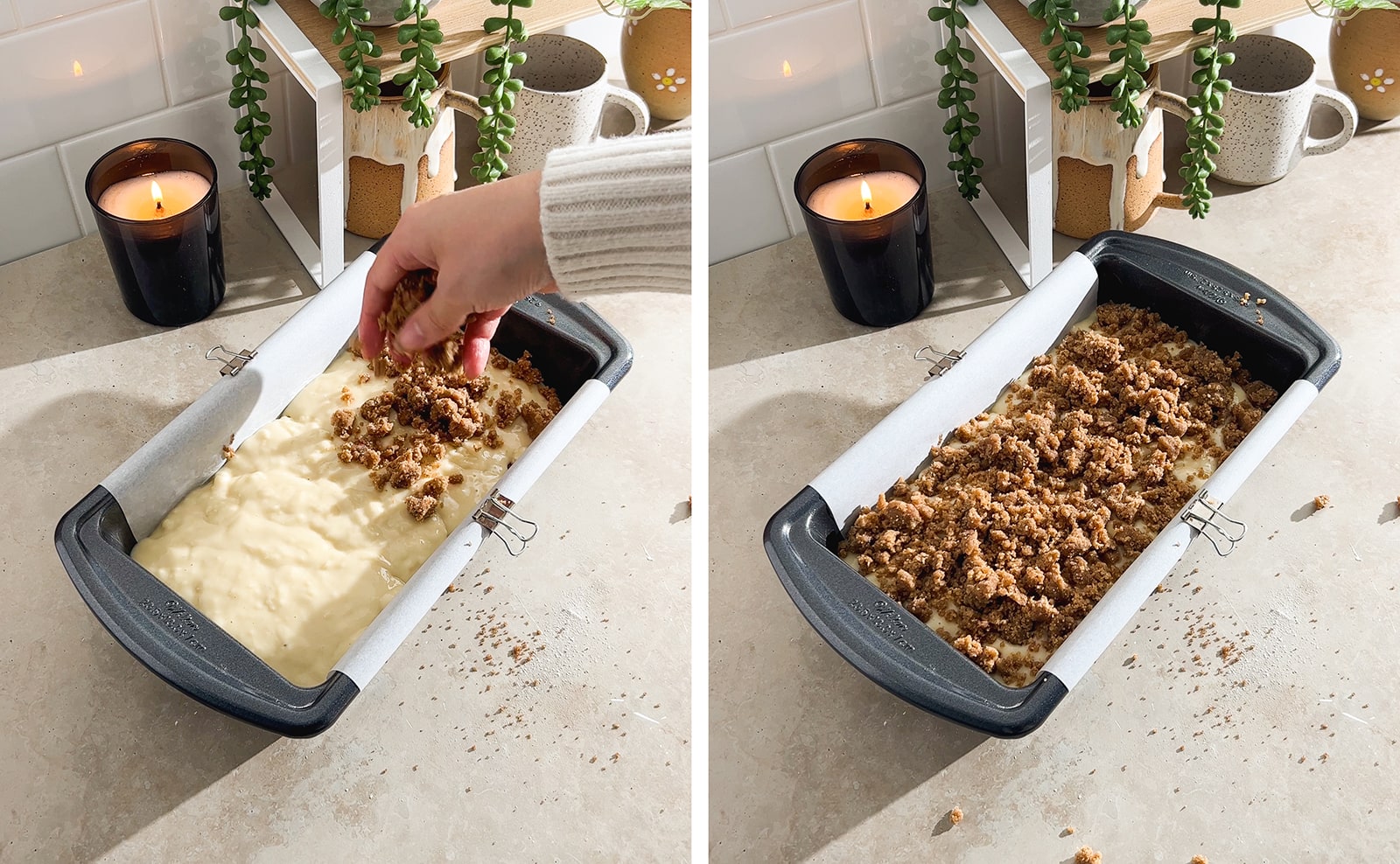 Left to right: hand sprinkling crumbles of streusel topping on top of cake batter, streusel bread batter in a loaf pan.