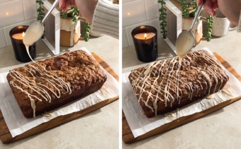 Drizzling icing from a spoon on top of a loaf of streusel bread in a crosshatch pattern.