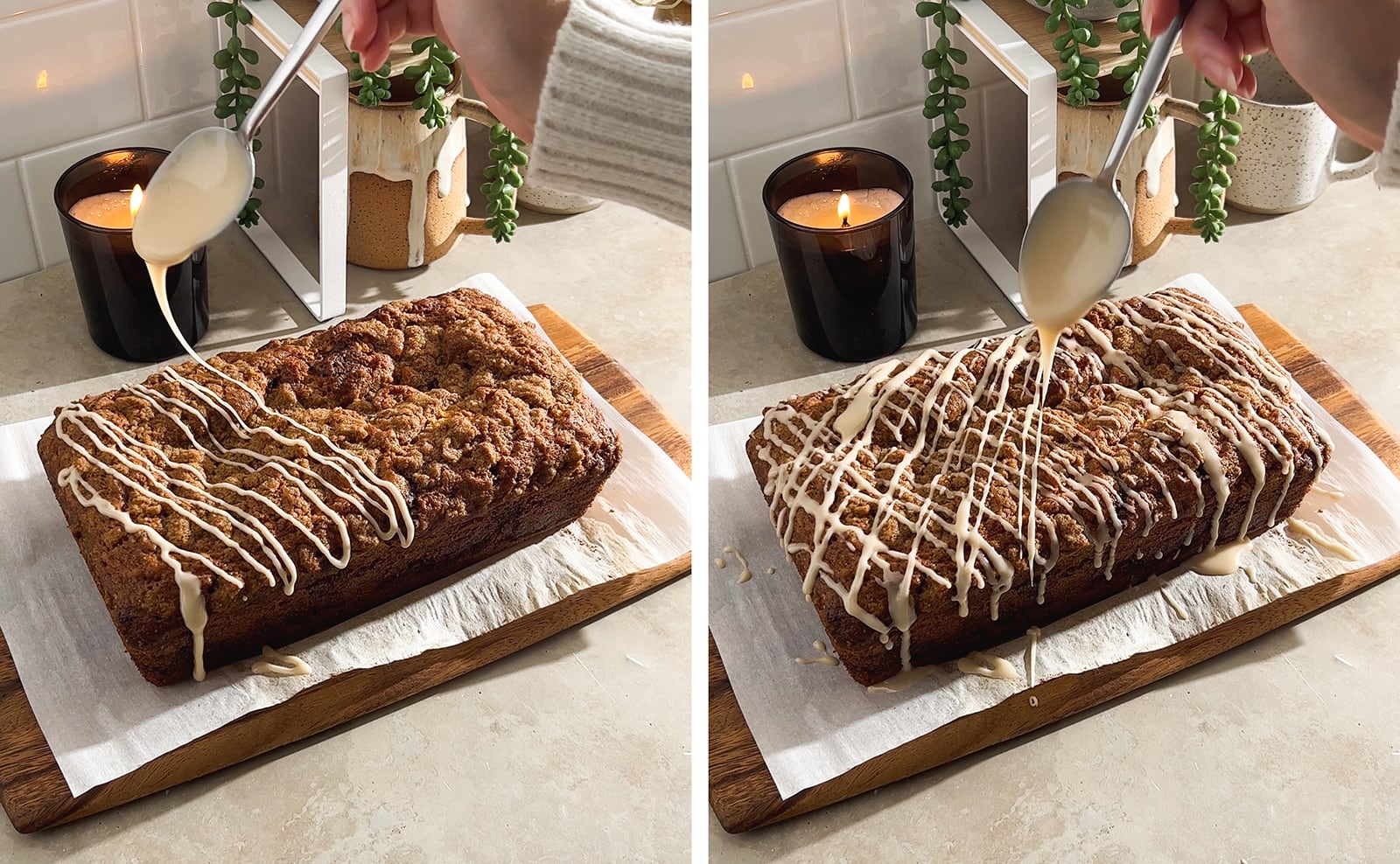 Drizzling icing from a spoon on top of a loaf of streusel bread in a crosshatch pattern.