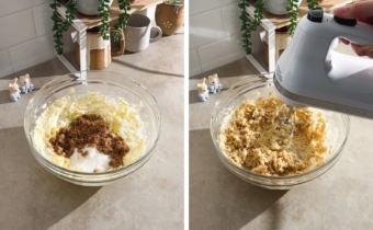 Left to right: mixing bowl of butter and sugar, creaming butter and sugar with a hand mixer.