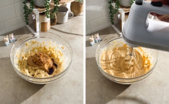 Left to right: peanut butter and miso paste in a bowl of cookie dough, mixing cookie dough with a hand mixer.