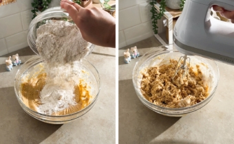 Left to right: pouring flour into a bowl of cookie dough, mixing cookie dough with a hand mixer.
