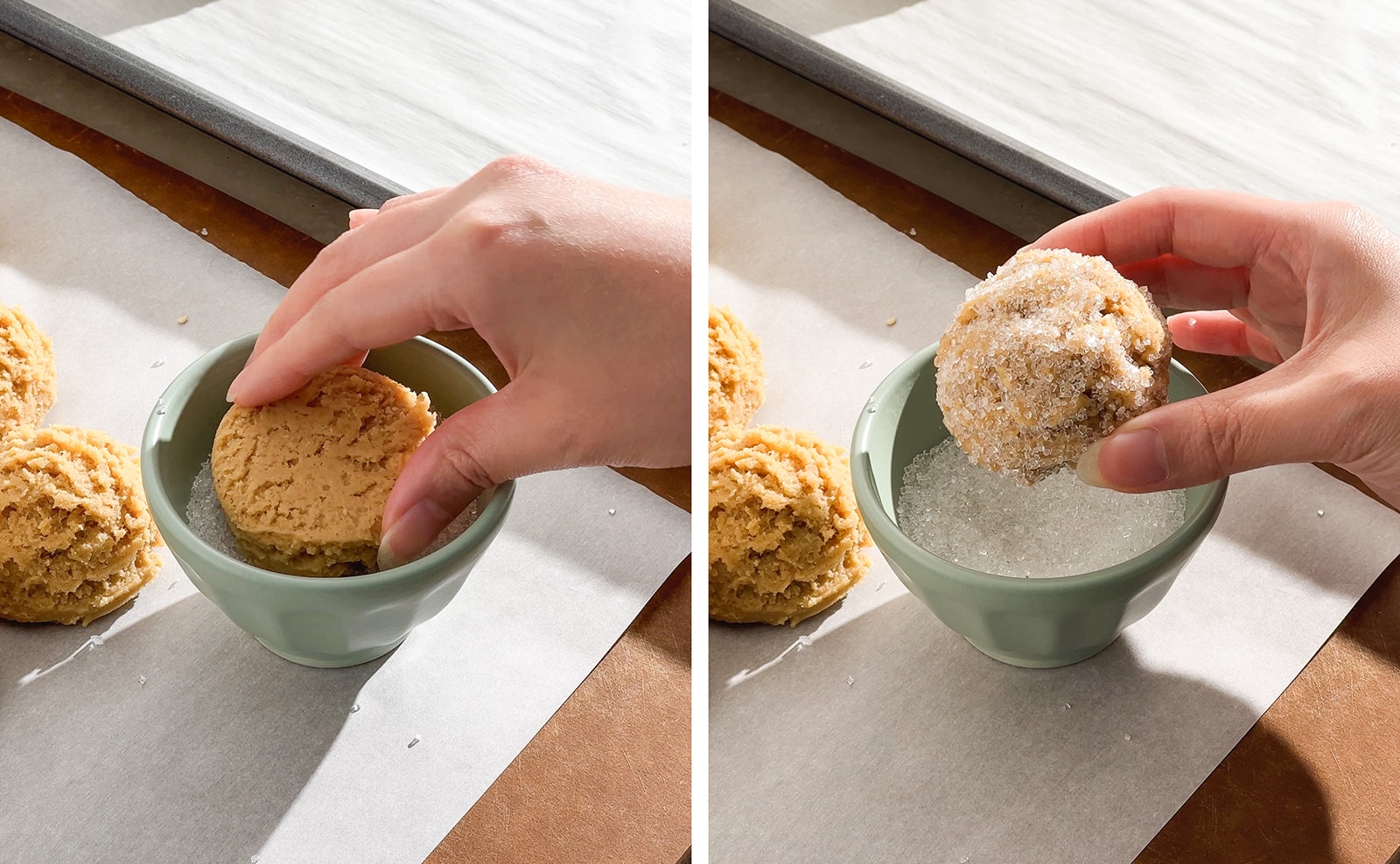 Left to right: hand putting a ball of cookie dough in a bowl of sugar crystals, hand holding a ball of cookie dough coated in sugar crystals.