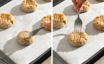 Left to right: pressing a ball of cookie dough with a fork, pressing cookie dough with a fork to make a crosshatch pattern.