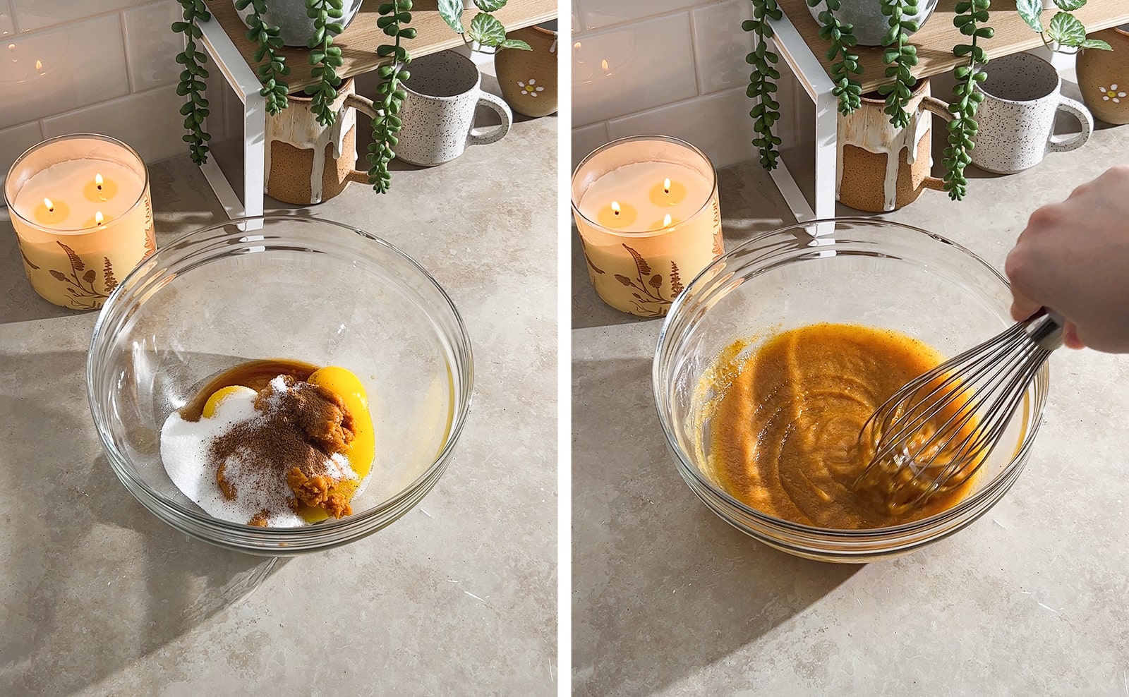 Left to right: ingredients in a mixing bowl, whisking pumpkin-egg mixture in a bowl.