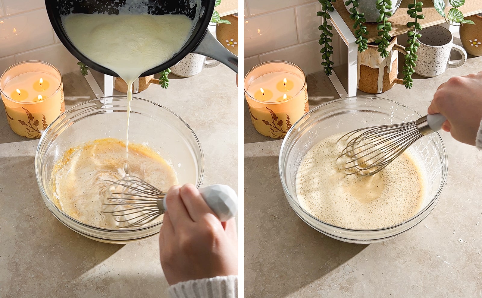 Left to right: pouring hot cream into bowl of egg mixture while whisking with other hand, whisking custard mixture in a bowl.