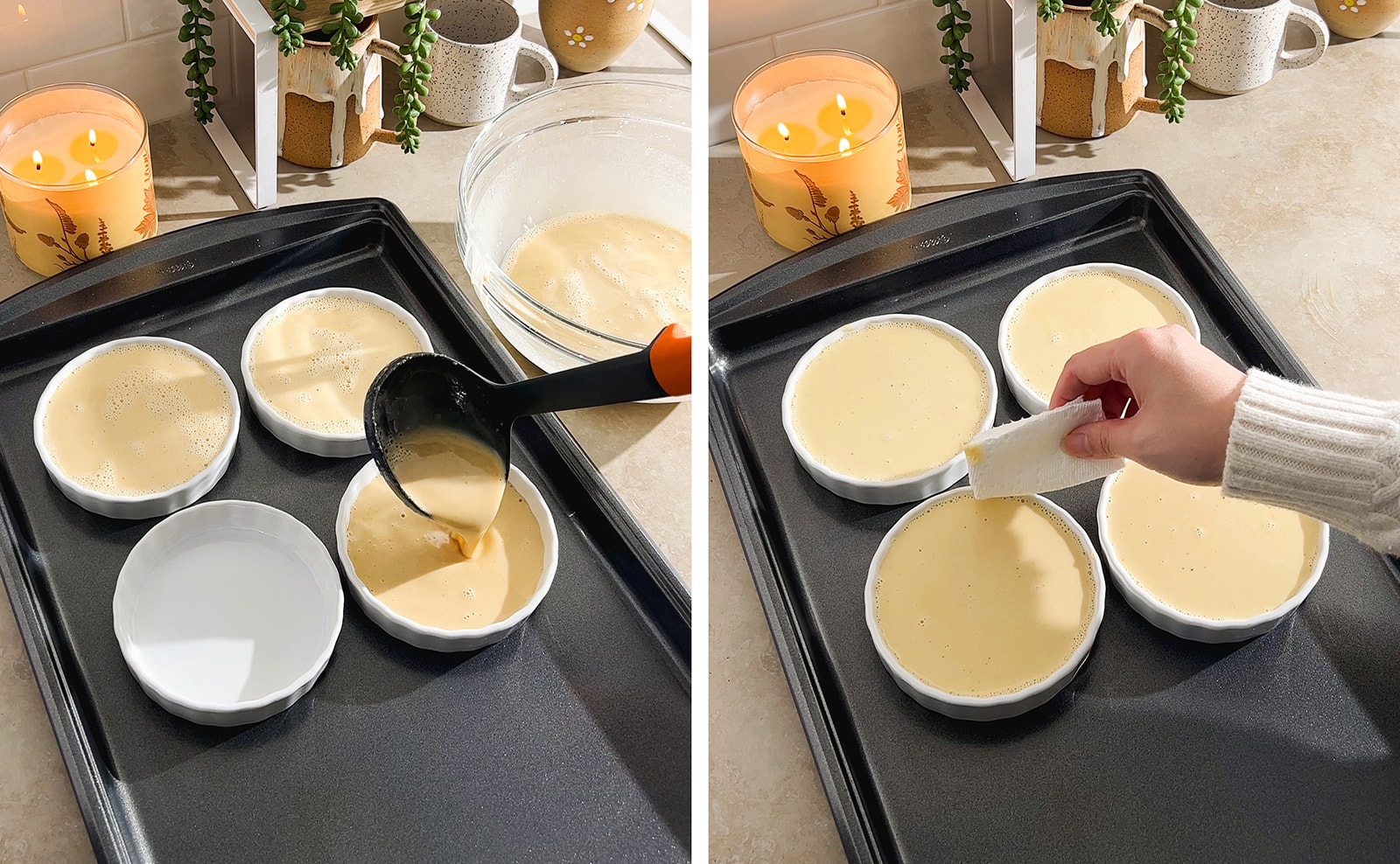 Left to right: pouring a ladle of custard batter into ramekin, dabbing air bubbles on surface of custard with a paper towel.