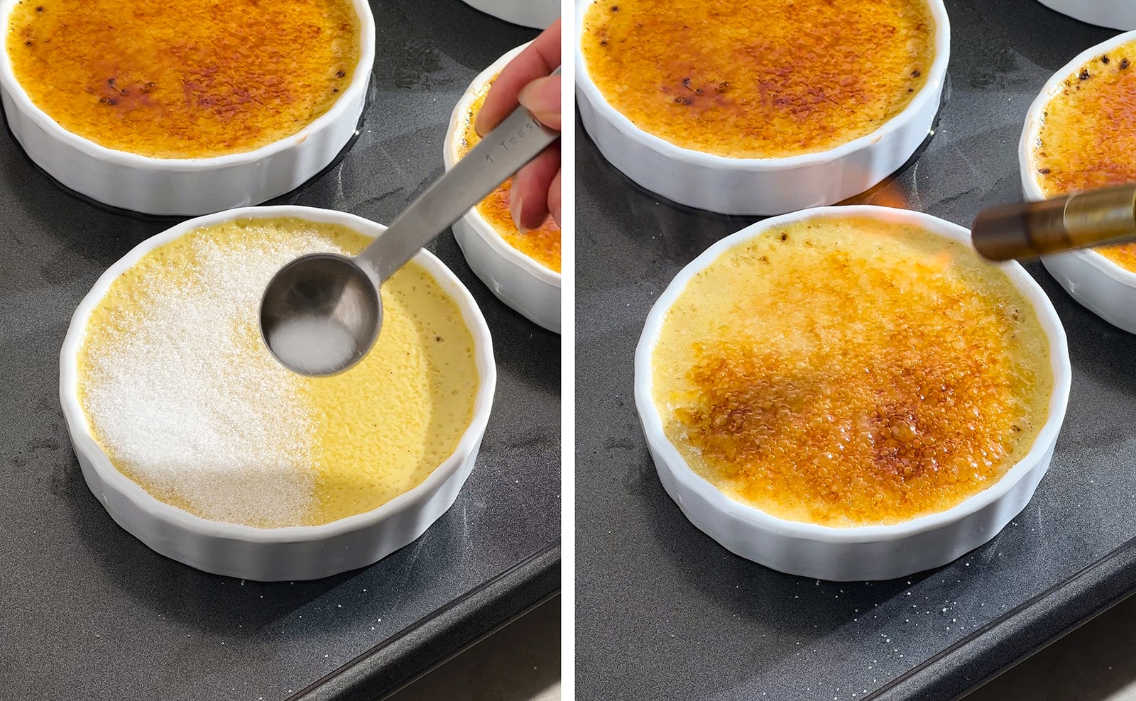 Left to right: sprinkling sugar on top of custard, caramelizing sugar topping on top of custard with a torch.