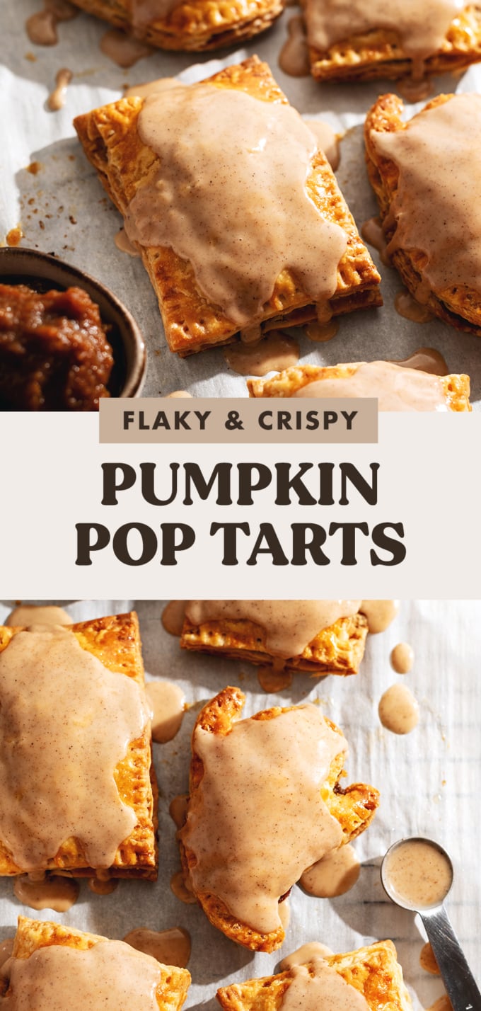 Two images of glazed pumpkin pop tarts on parchment paper with text overlay that reads "flaky and crispy pumpkin pop tarts".
