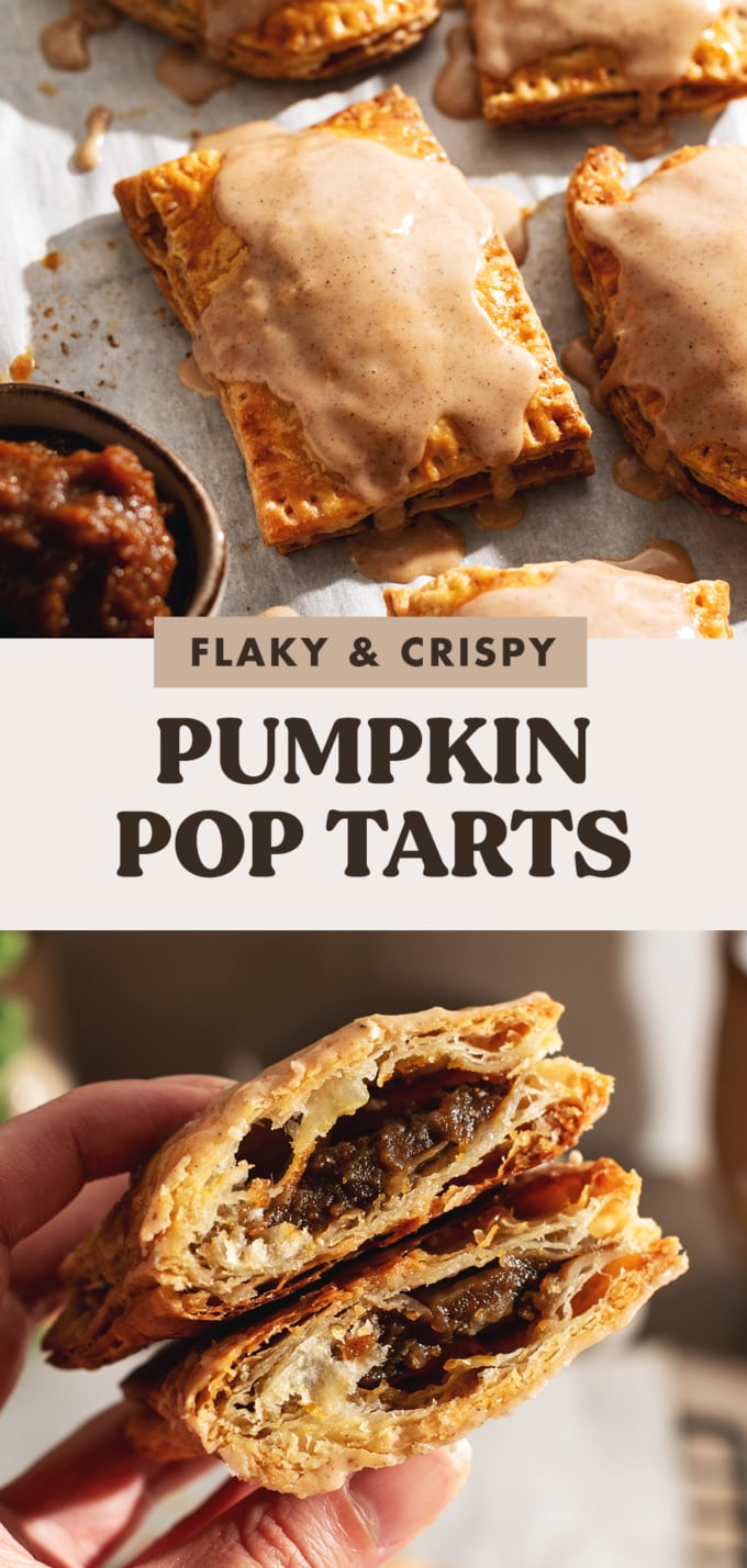 Two images of pumpkin pop tarts on parchment paper with text overlay that reads "flaky and crispy pumpkin pop tarts".