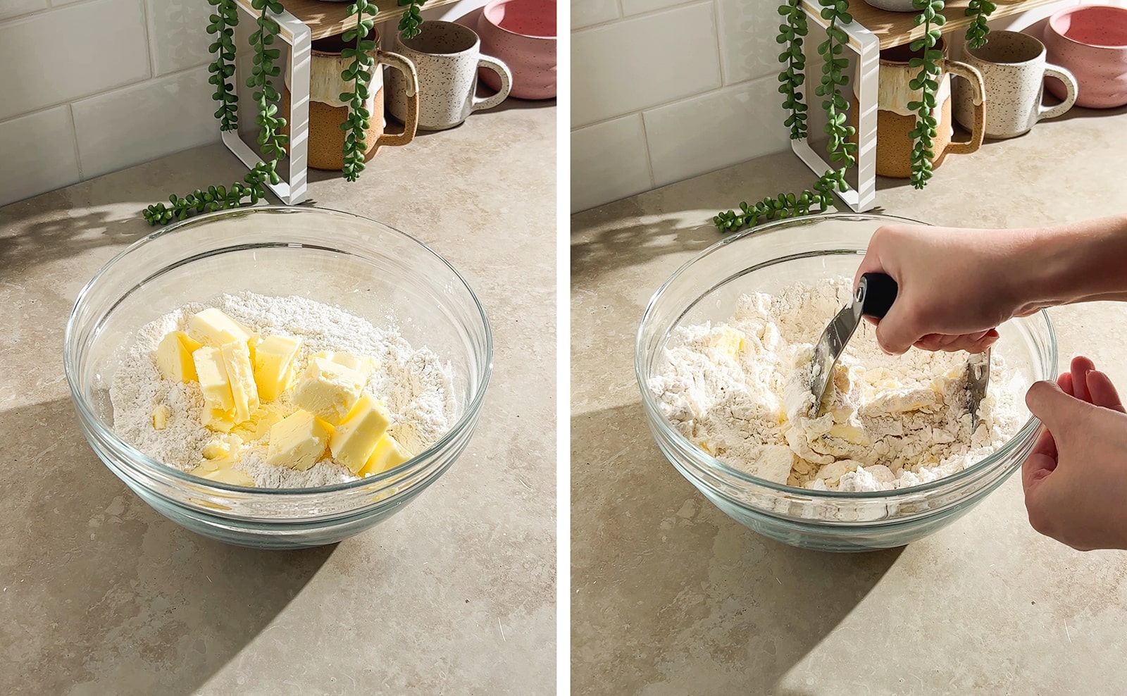 Left to right: cubes of butter in a bowl of flour, breaking down butter pieces with a dough cutter.
