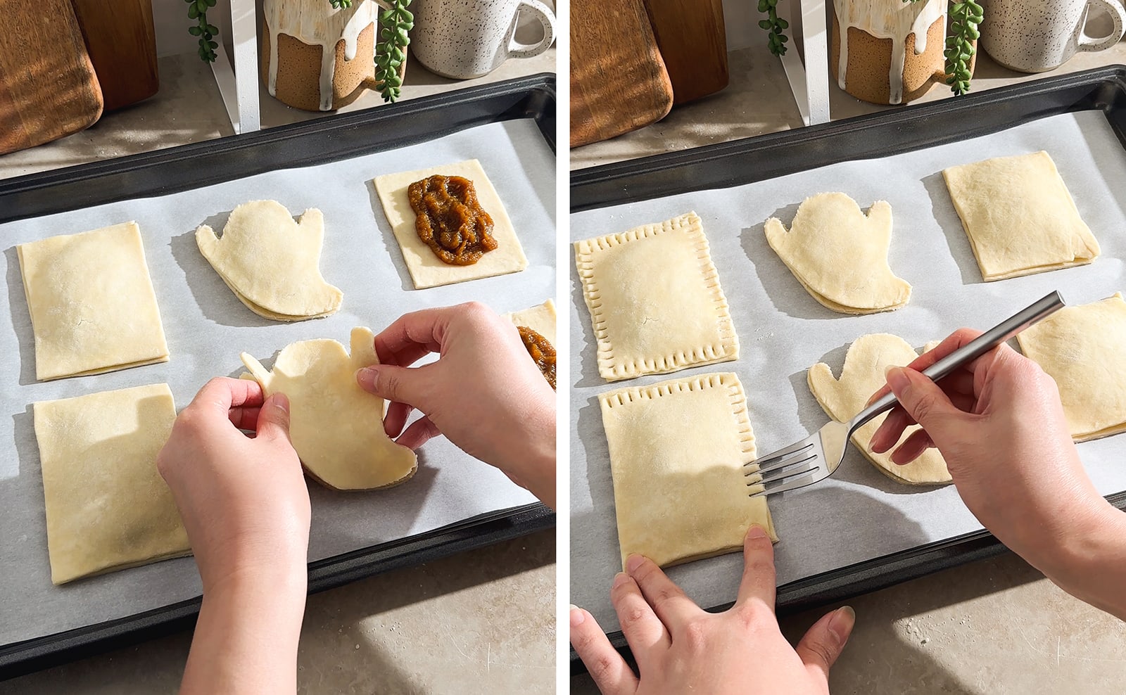 Left to right: hands placing pie dough on top of filling, pressing the edges of a pop tart with a fork.