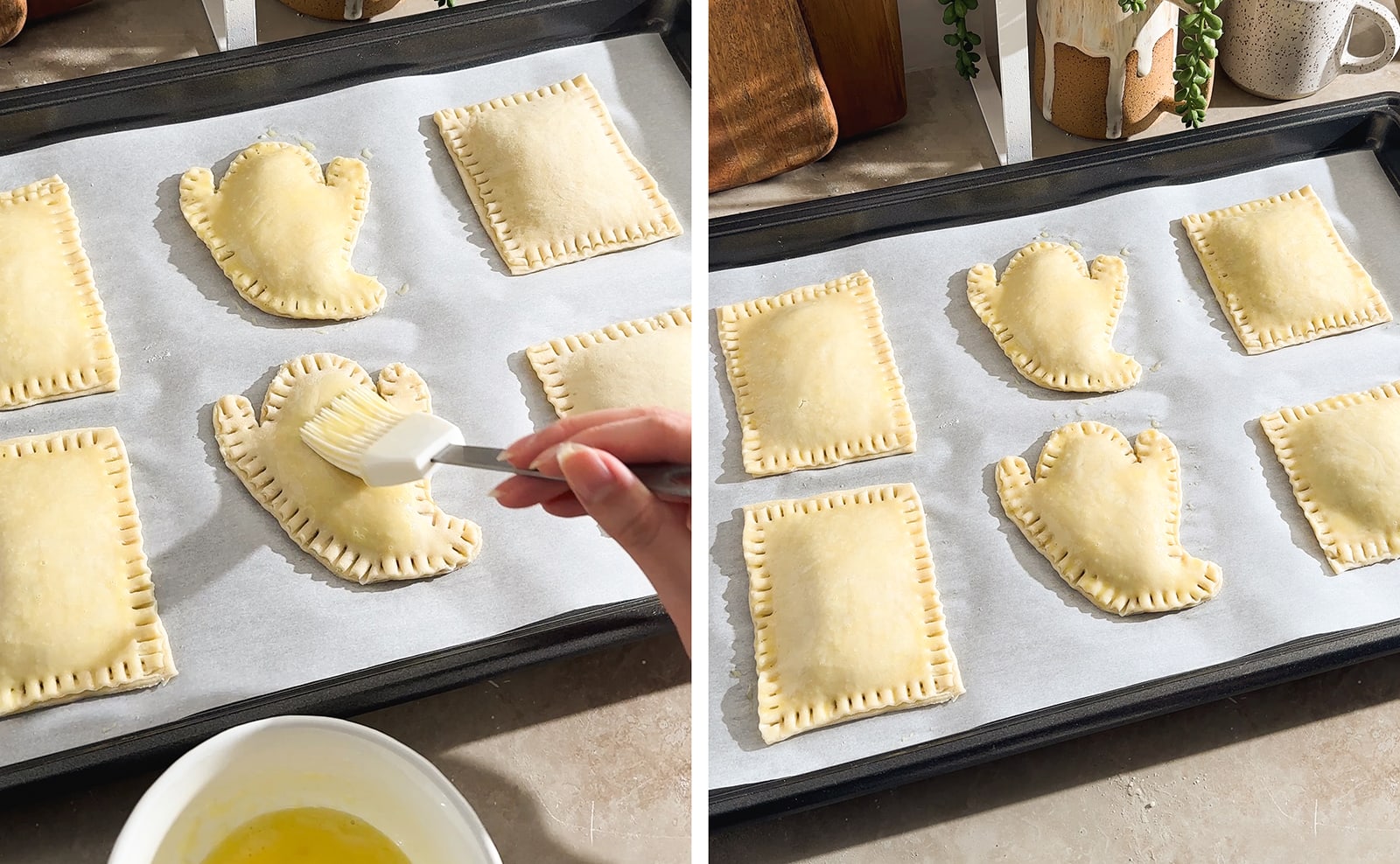 Left to right: brushing pumpkin pop tarts with egg wash, pumpkin pop tarts on a baking sheet before baking.