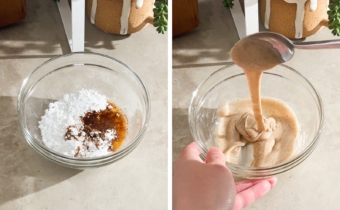 Left to right: ingredients in a bowl, icing dripping off spoon into bowl.