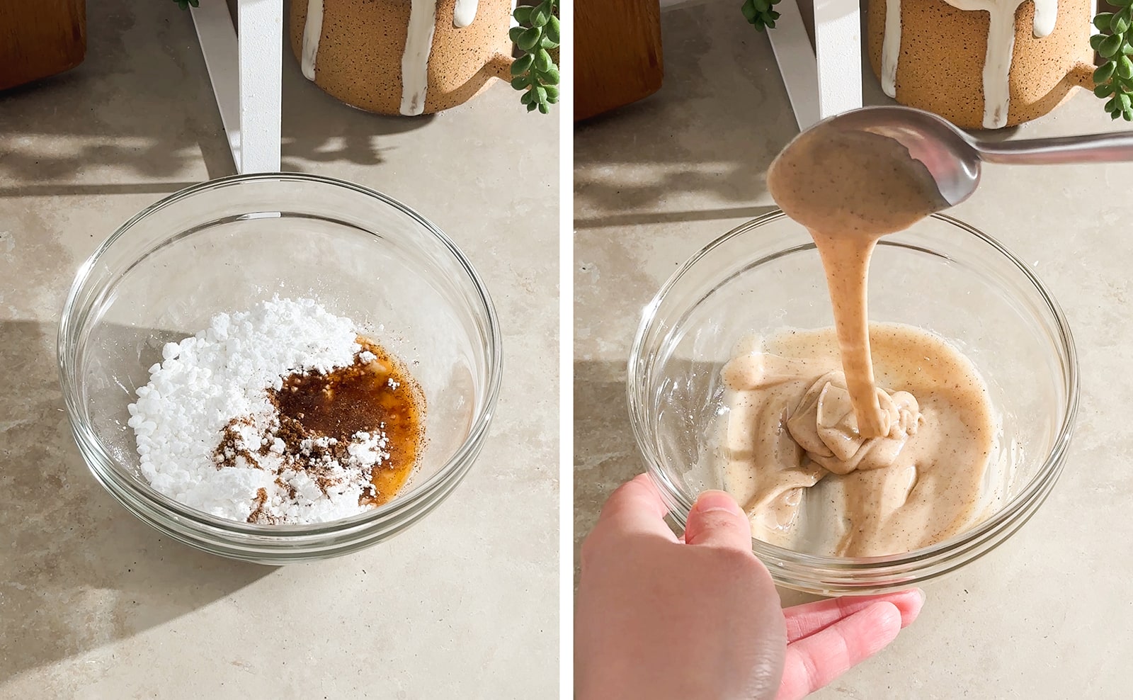 Left to right: ingredients in a bowl, icing dripping off spoon into bowl.