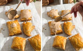 Left to right: drizzling icing onto a pop tart, icing dripping off pop tart.