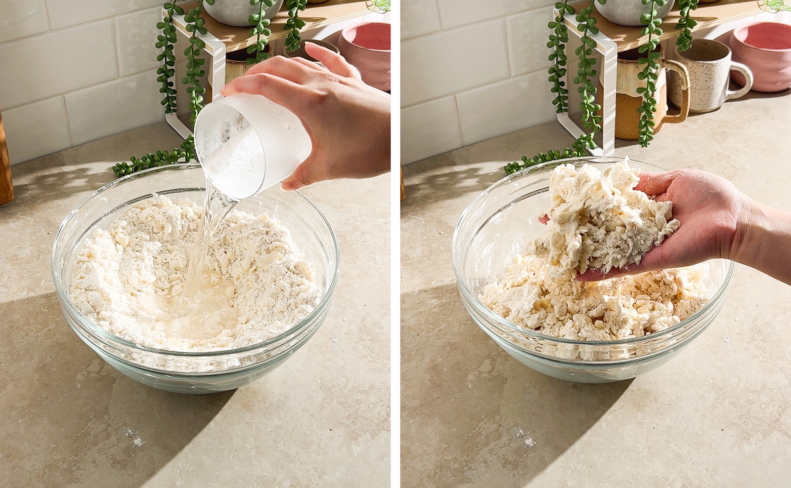 Left to right: pouring water into a bowl of flour, hand holding a handful of shaggy dough.