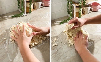 Left to right: hands pressing dough together, hands folding dough onto itself.