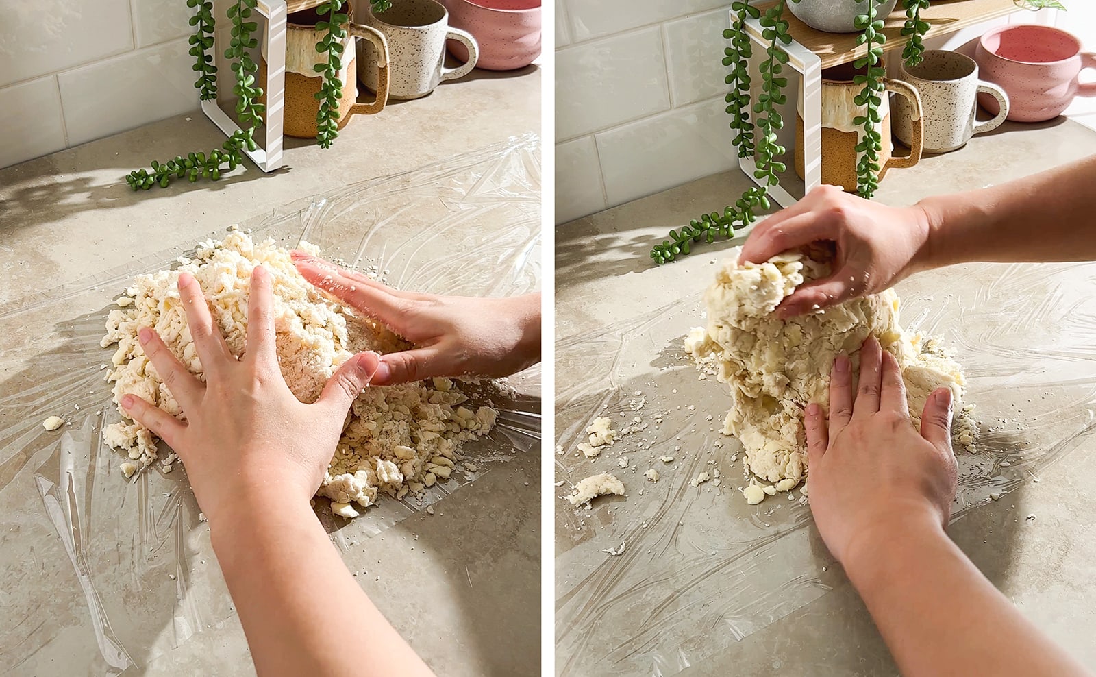 Left to right: hands pressing dough together, hands folding dough onto itself.