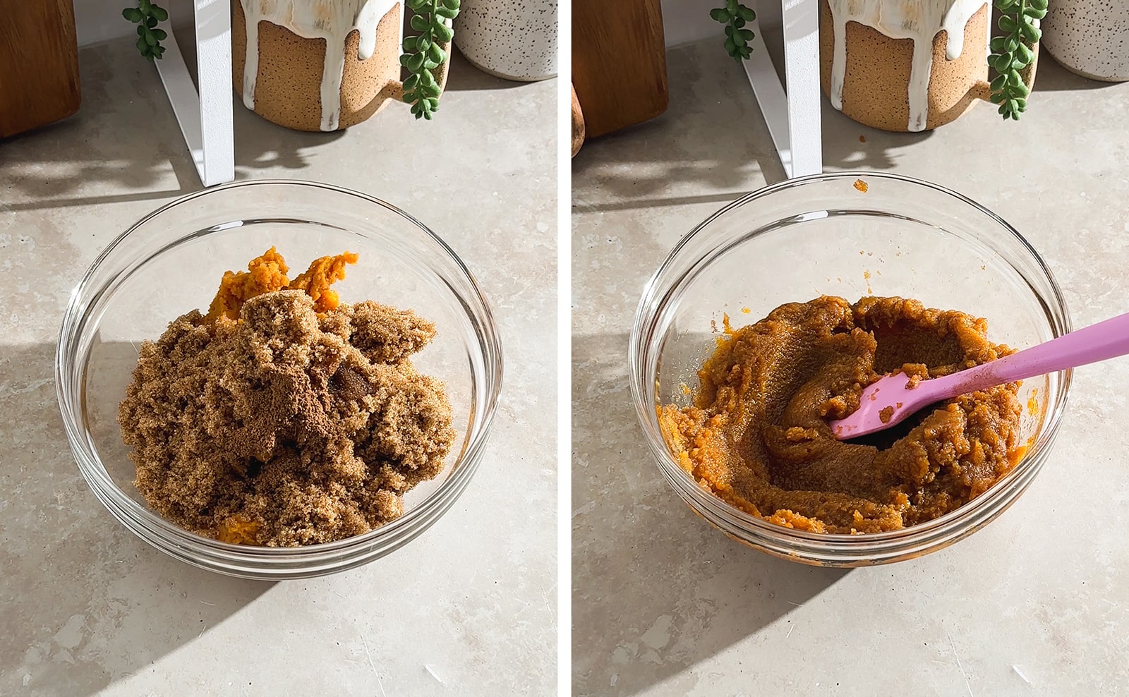 Left to right: ingredients in a bowl, mixed pumpkin filling in a mixing bowl.