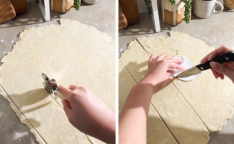 Left to right: cutting dough with a pastry wheel, cutting out a ghost shape with a knife and paper cutout.
