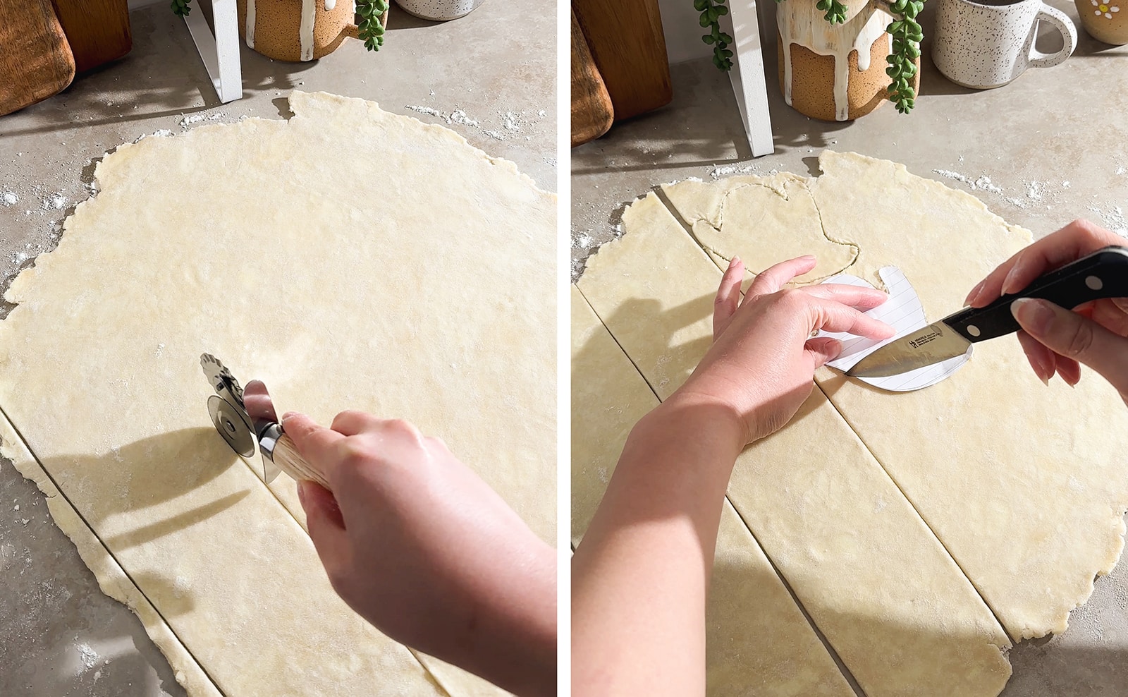 Left to right: cutting dough with a pastry wheel, cutting out a ghost shape with a knife and paper cutout.