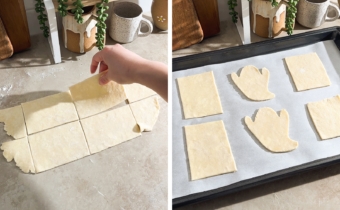 Left to right: hand picking up a piece of dough, dough shapes on a baking sheet.