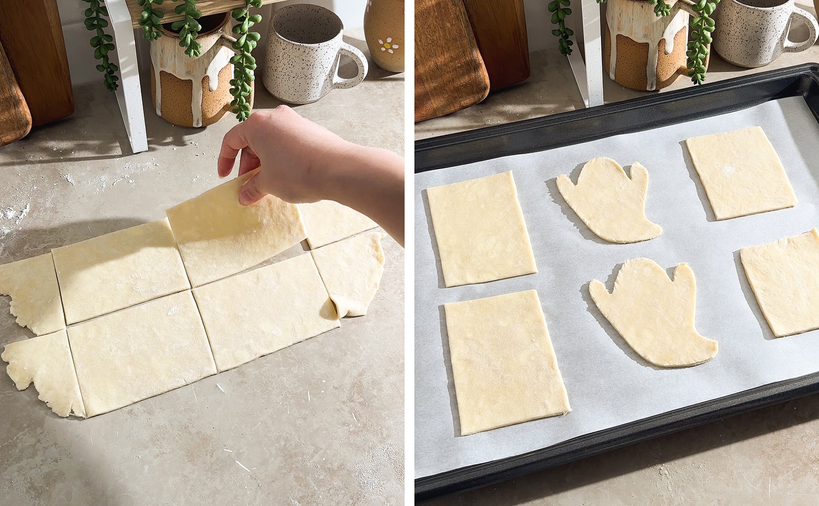 Left to right: hand picking up a piece of dough, dough shapes on a baking sheet.