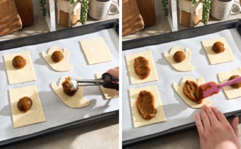 Left to right: releasing pumpkin filling onto pie dough from a scooper, spreading filling across dough with a spatula.