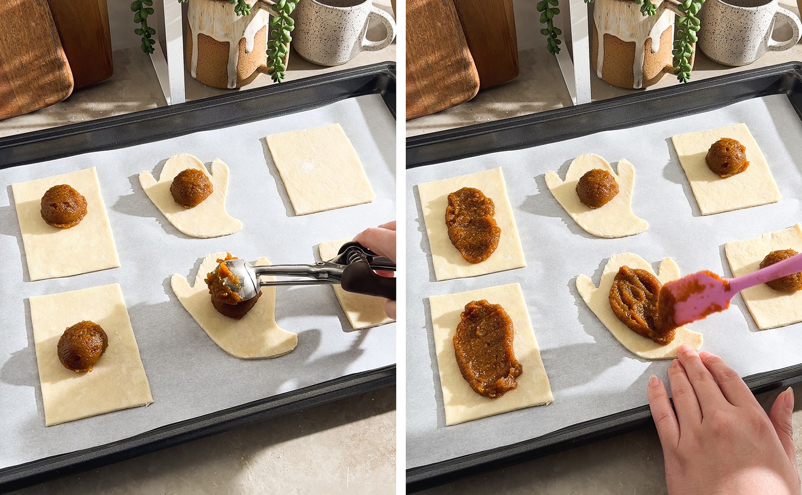 Left to right: releasing pumpkin filling onto pie dough from a scooper, spreading filling across dough with a spatula.