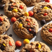 Reese's pieces peanut butter cookies with pools of melted chocolate scattered on parchment paper.
