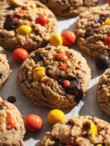 Reese's pieces peanut butter cookies with pools of melted chocolate scattered on parchment paper.