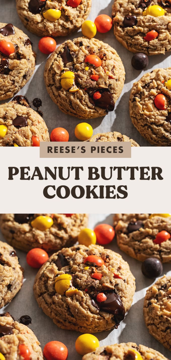 Two images of cookies with a text overlay in the middle that reads "reese's pieces peanut butter cookies".