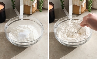 Left to right: flour and dry ingredients in a glass bowl, hand stirring dry ingredients together in a bowl.