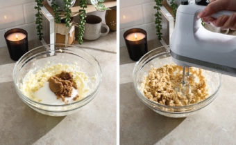 Left to right: butter and sugars in a mixing bowl, creaming butter and sugar together with a hand mixer.